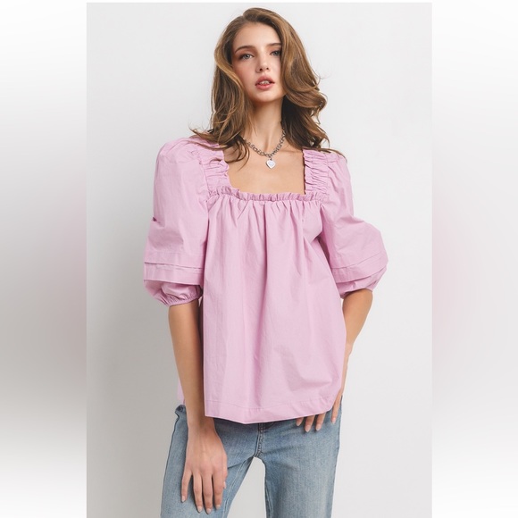 Boho Poplin Ruffled Square Neck Blouse Top - Picture 1 of 5